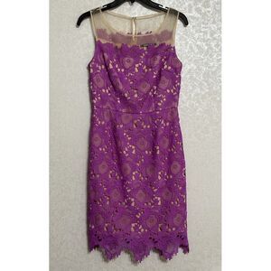 Gianni Bini Purple Floral Lace Overlay Sheer Shoulder Sleeveless Sheath‎ Dress 2